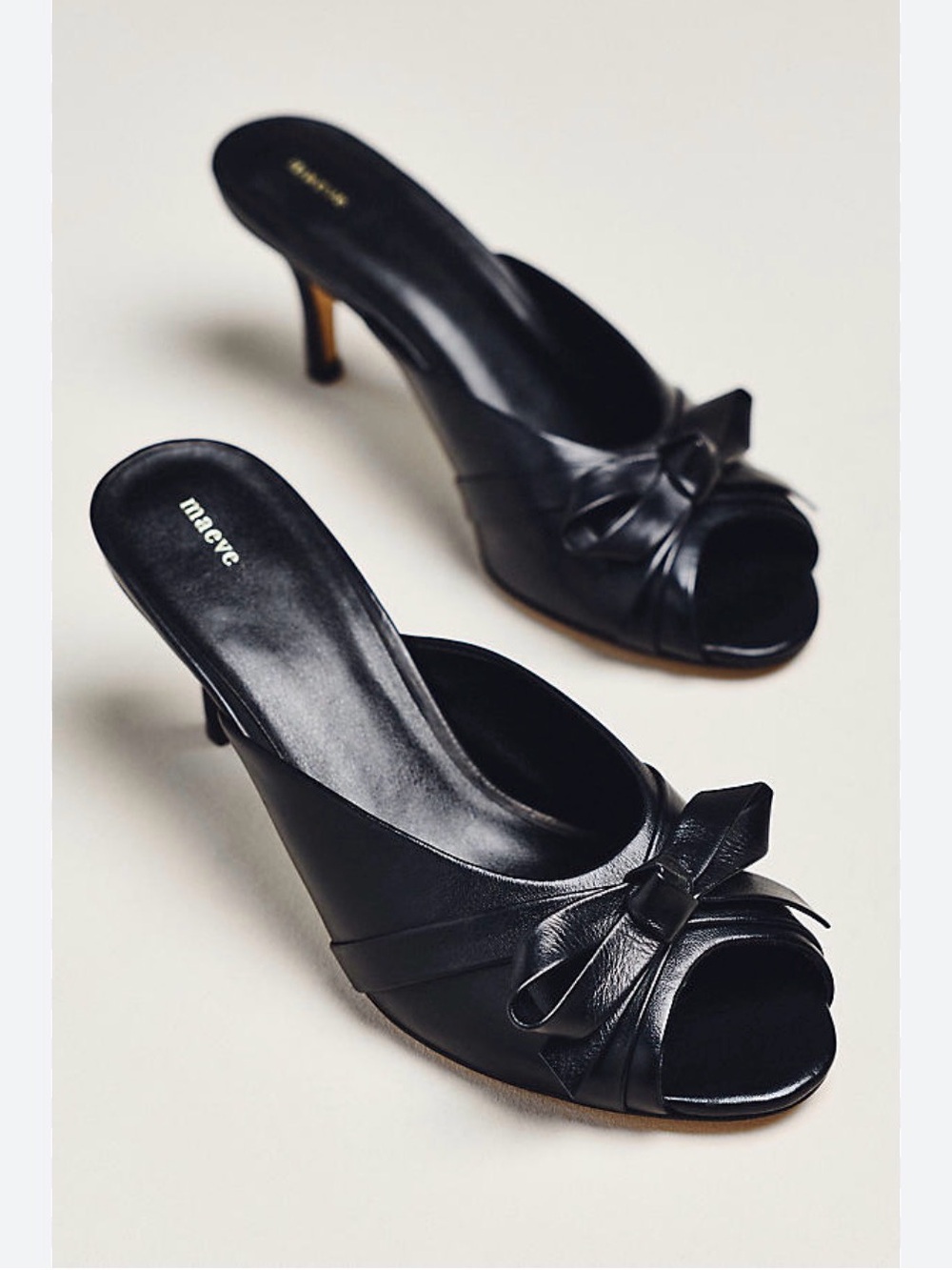 Maeve Anthropologie Bow Peep Toe Kitten Heel Mules Black Sz 9